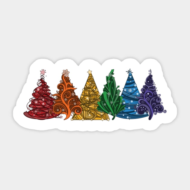 Row of Six LGBTQ Pride Rainbow Christmas Trees Vector Sticker by LiveLoudGraphics